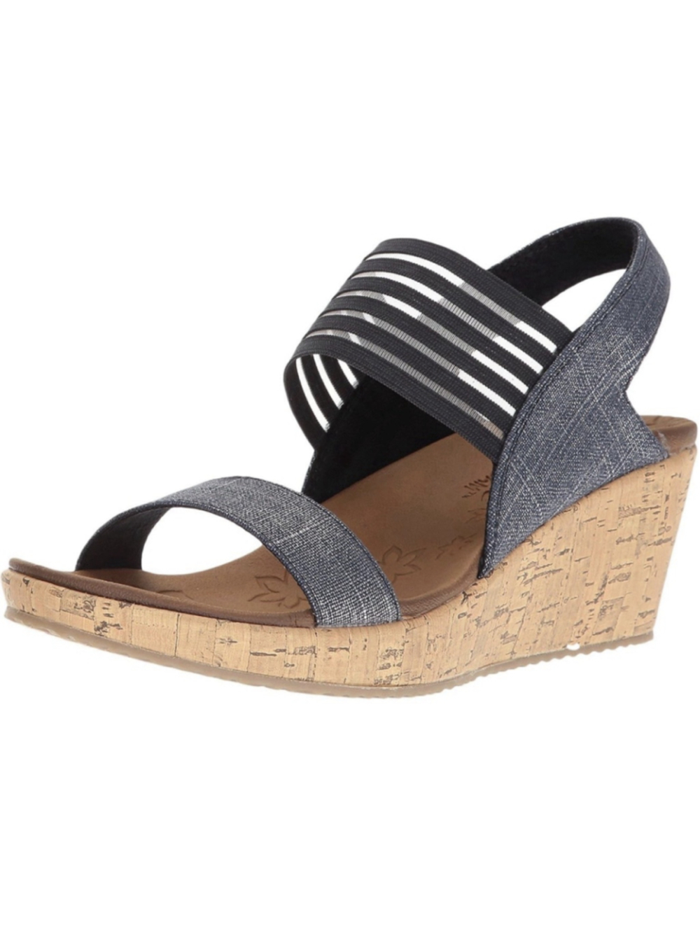 Skechers Womens Size 10 Sandals Wedge Heel Black Denim Cross Strap Luxe Foam